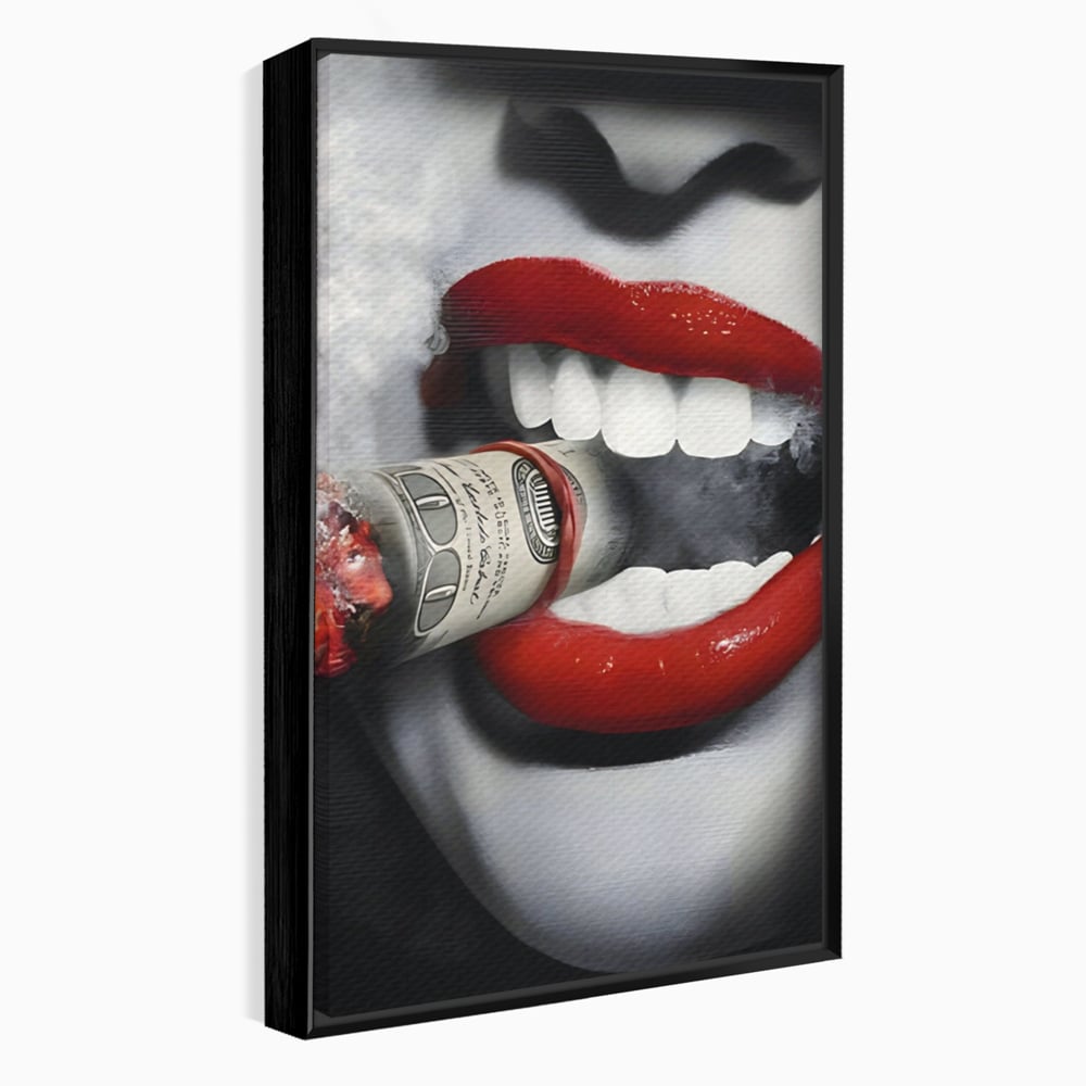 Tablou canvas cu tablou canvas cu buze rosii si bancnota, in rama de aluminiu negru